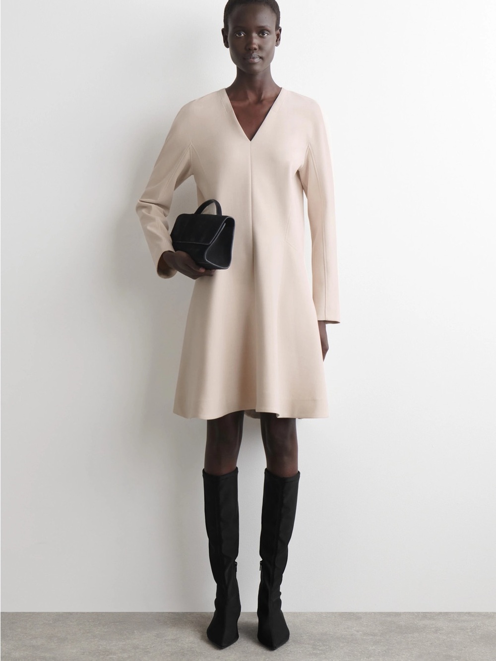 COS V-Neck Long Sleeve A-Line Dress in Light Beige